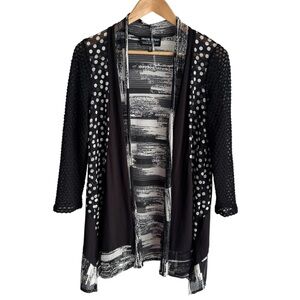 Frank Lyman Perforated Stretch Cardigan Sz M Black White Semi-Sheer Open Front